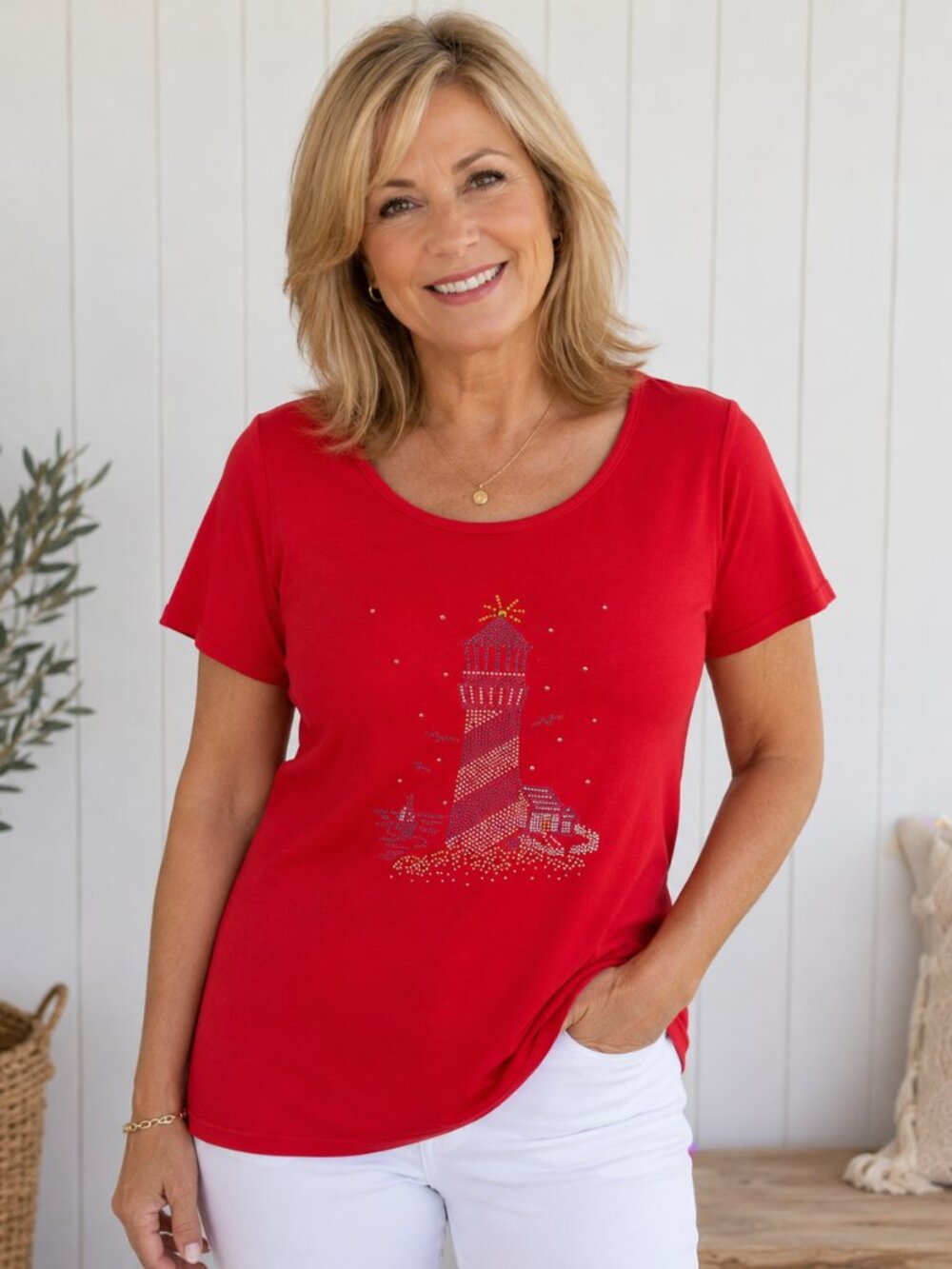Quacker Factory Size Xl Americana Lighthouse Red Short Sleeve T Shirt Rhinestone